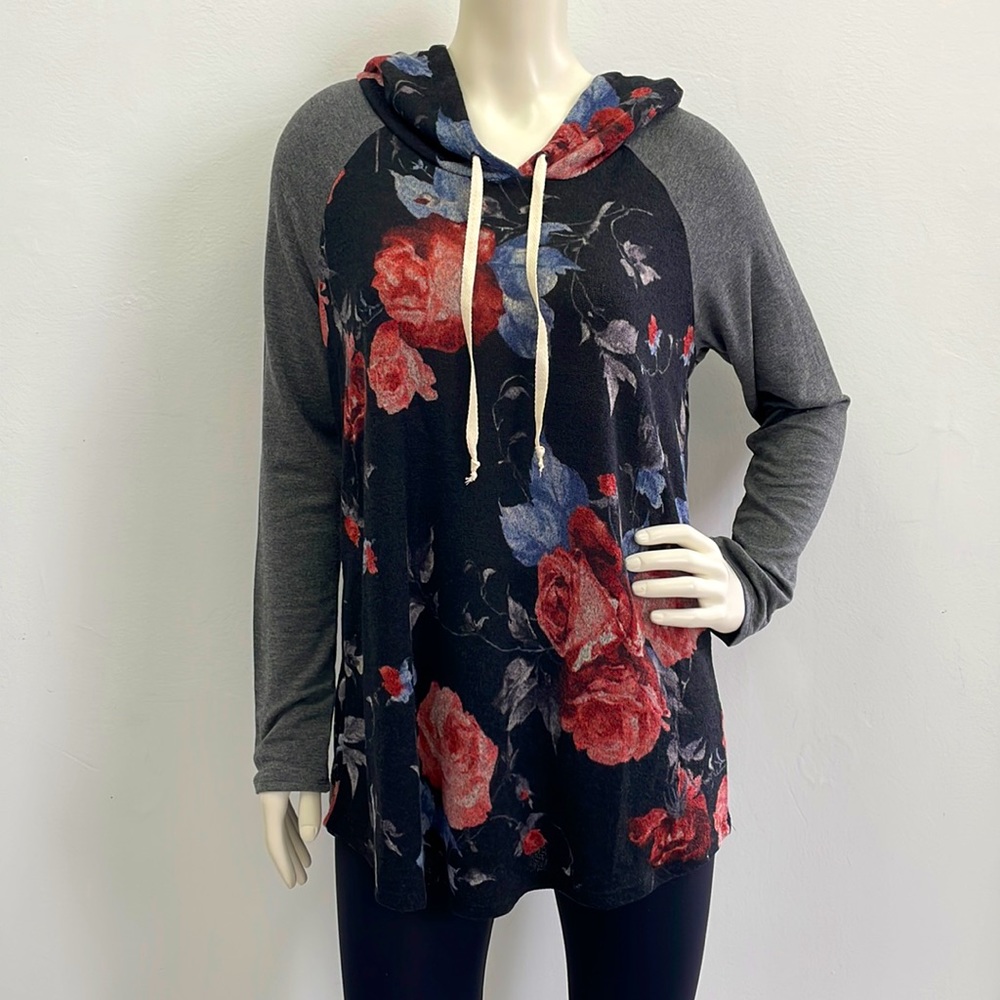 NWOT - Floral Print Hoodie with Heather Gray Sleeves